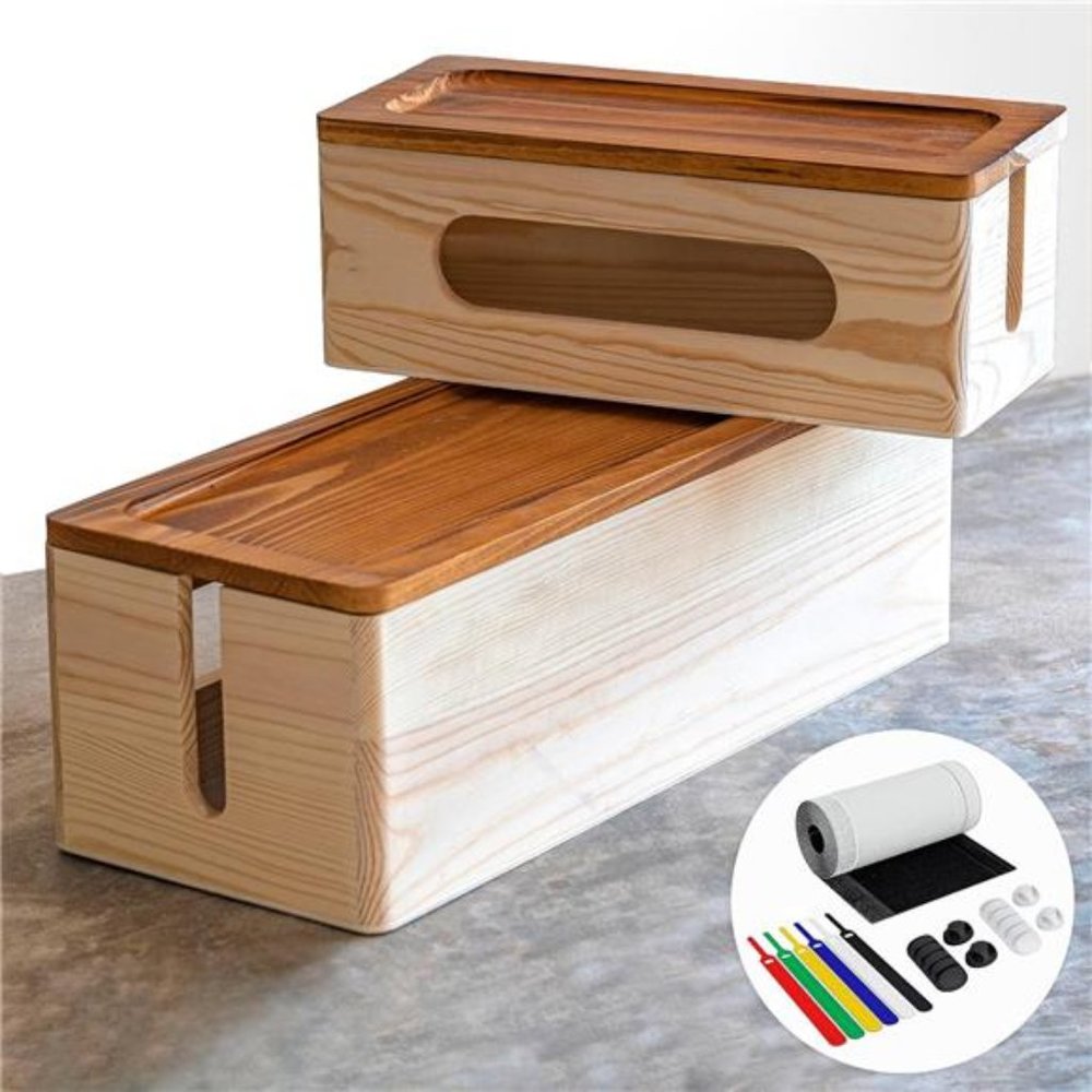 Natural Wood Cable Management Box [Set of Two] Large & Medium Cord Organizer Box